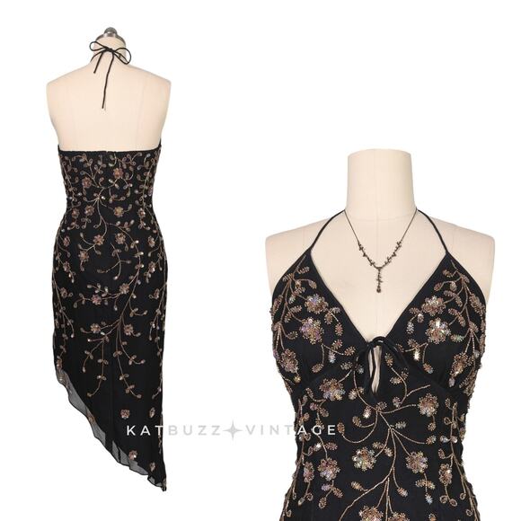 Vintage Sean Collection Midi Maxi Dress L Black Copper Fairy Y2K Prom Asymmetric - Picture 2 of 13